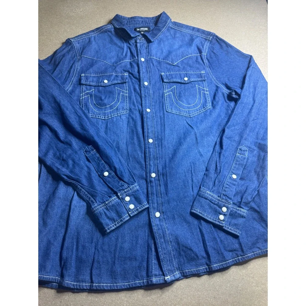 True Religion Mens Western Denim Shirt Blue Pearl Snap Horseshoe Pocket Large
